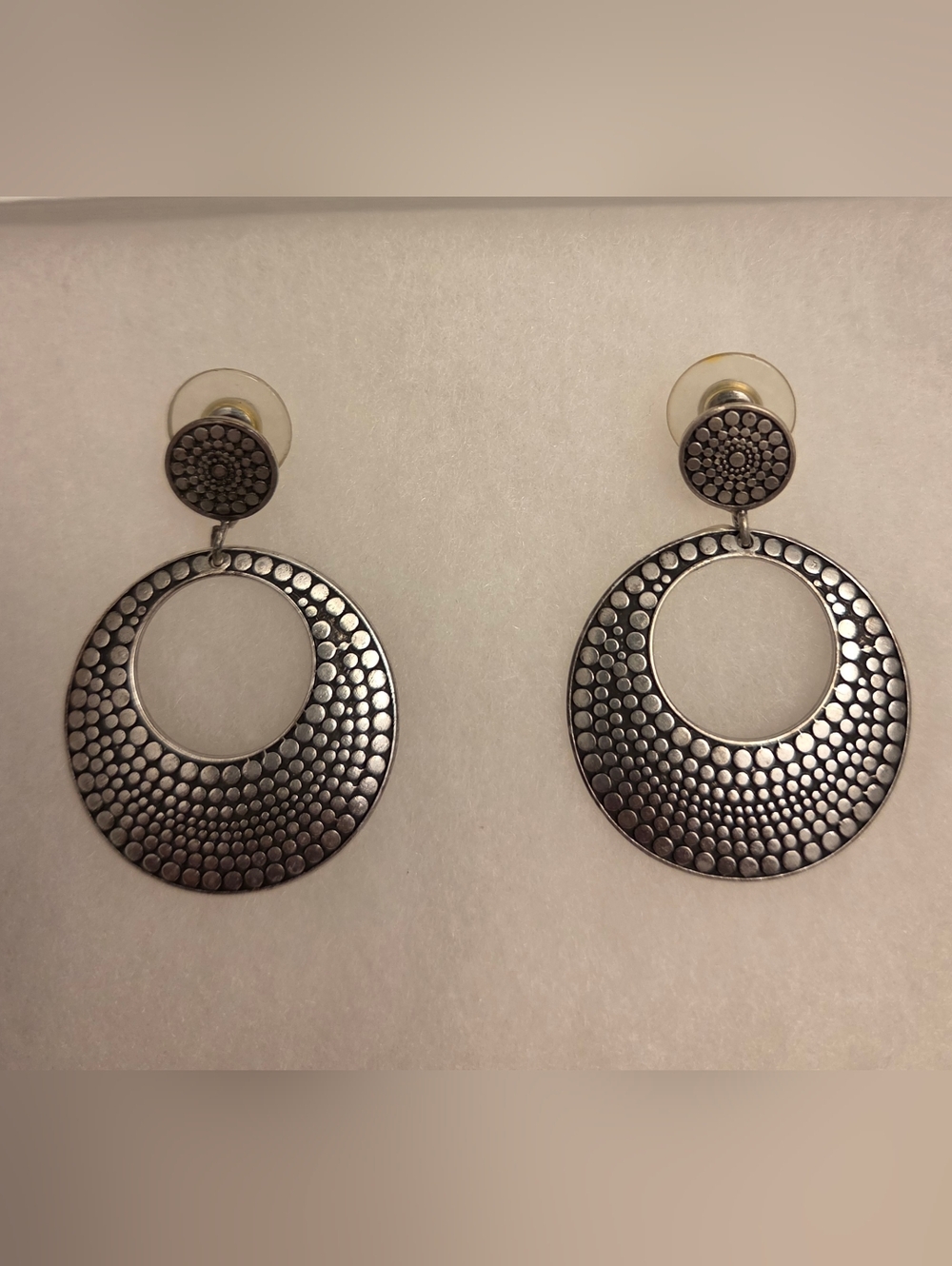 Silver-Tone Textured Circle Drop Earrings, With Black Accent. 1 In